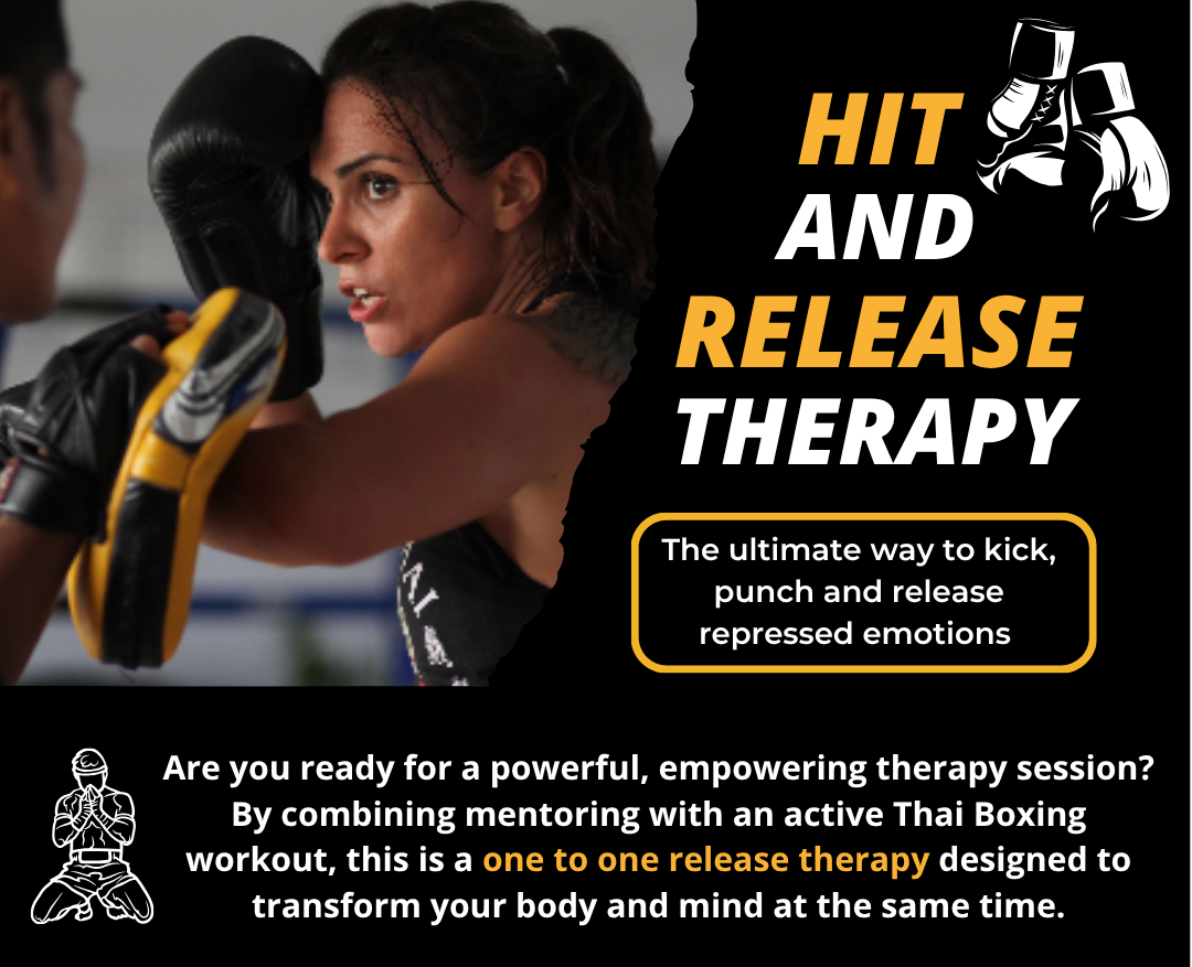 Hit and Release Therapy — a person striking boxing pads during a padwork session, with text describing a one-to-one release therapy combining hypnotherapy and Thai boxing